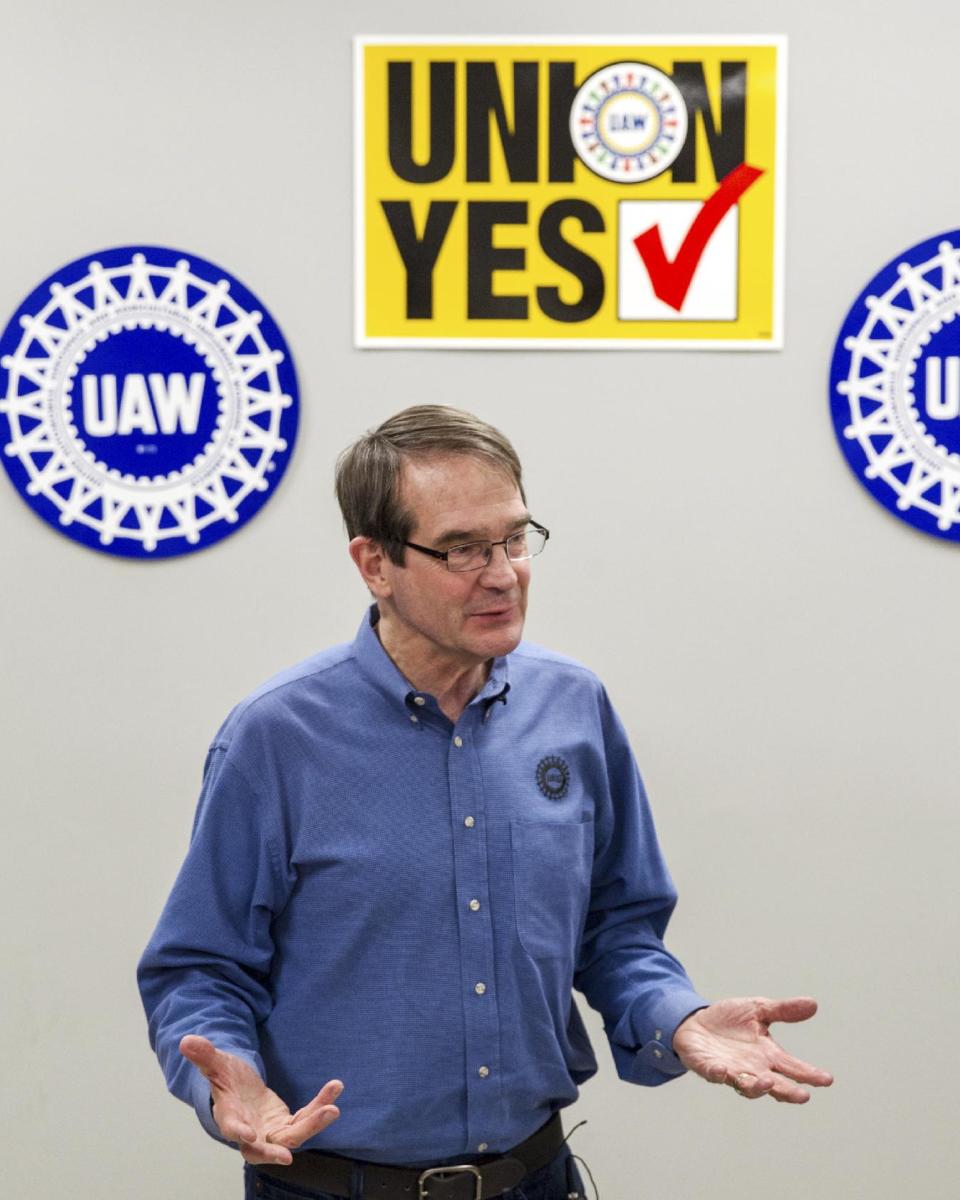 United Auto Workers President Bob King speaks to the media after workers at a Volkswagen factory voted against union representation in Chattanooga, Tenn., on Friday, Feb. 14, 2104. The 712 to 626 vote is a devastating blow to the union and its efforts to organize other Southern plants run by foreign automakers. (AP Photo/Erik Schelzig)