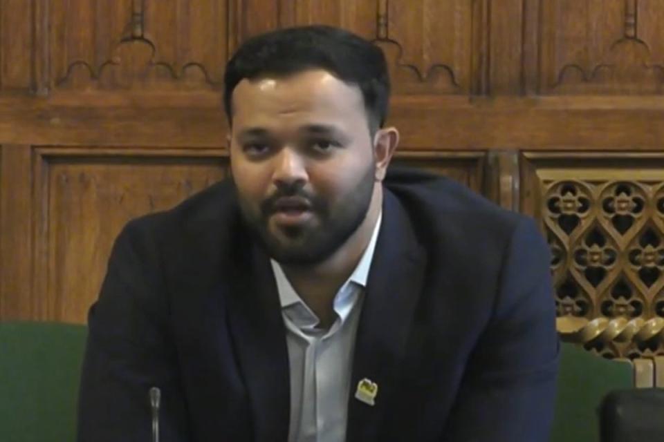 Former Yorkshire County Cricket Club cricketer Azeem Rafiq in front of the Digital, Culture, Media and Sport Committee at the House of Commons, London, on the subject of racism in cricket (PA)