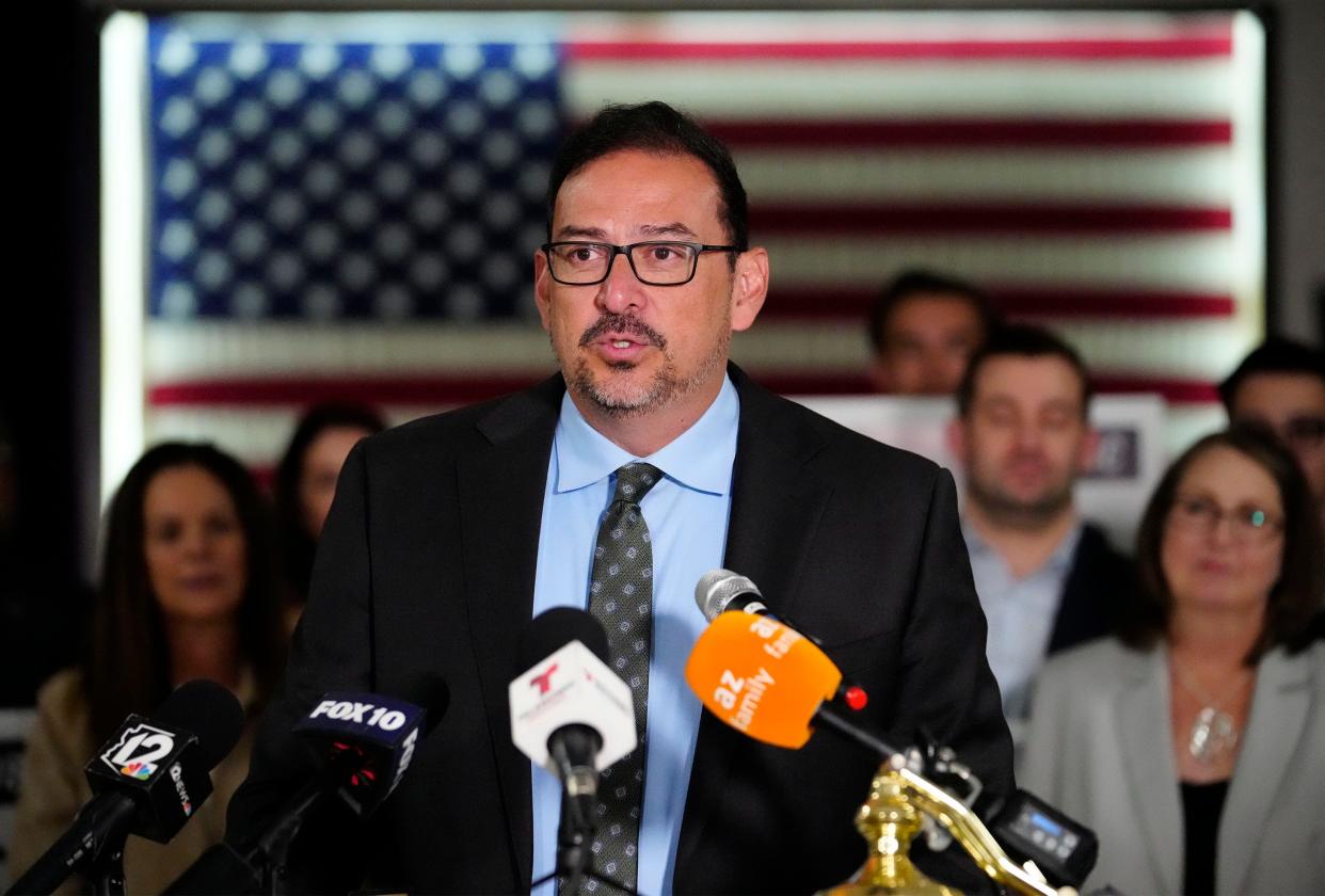 Adrian Fontes, the democratic Arizona secretary of state elect, makes his victory speech at the American Legion Post 41 in Phoenix, Ariz.,on Nov. 14, 2022. Fontes defeated republican candidate Mark Finchem.