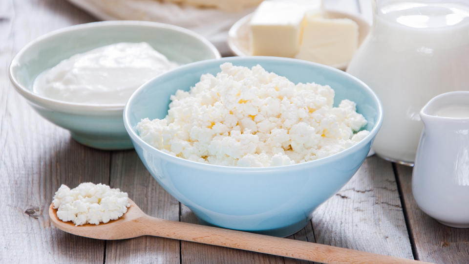 Cottage cheese in a blue bowl that can help with a keto diet