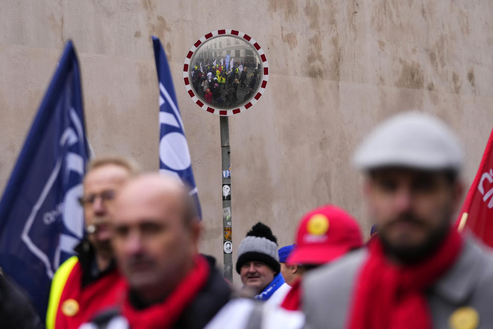 Thousands of protesters march downtown Prague, Czech Republic, Monday, Nov. 27, 2023. On Monday labor unions staged a day of protests and strikes across the Czech Republic to voice their opposition to the government's package of cuts and austerity measures meant to keep the ballooning deficit under control. (AP Photo/Petr David Josek)