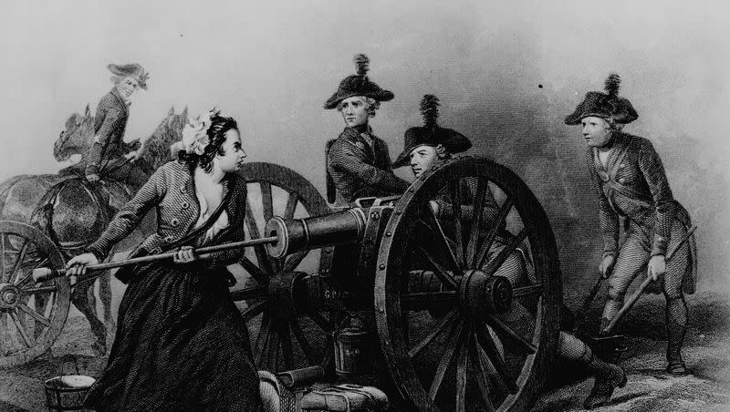 Engraving of Molly Pitcher at the Battle of Monmouth.