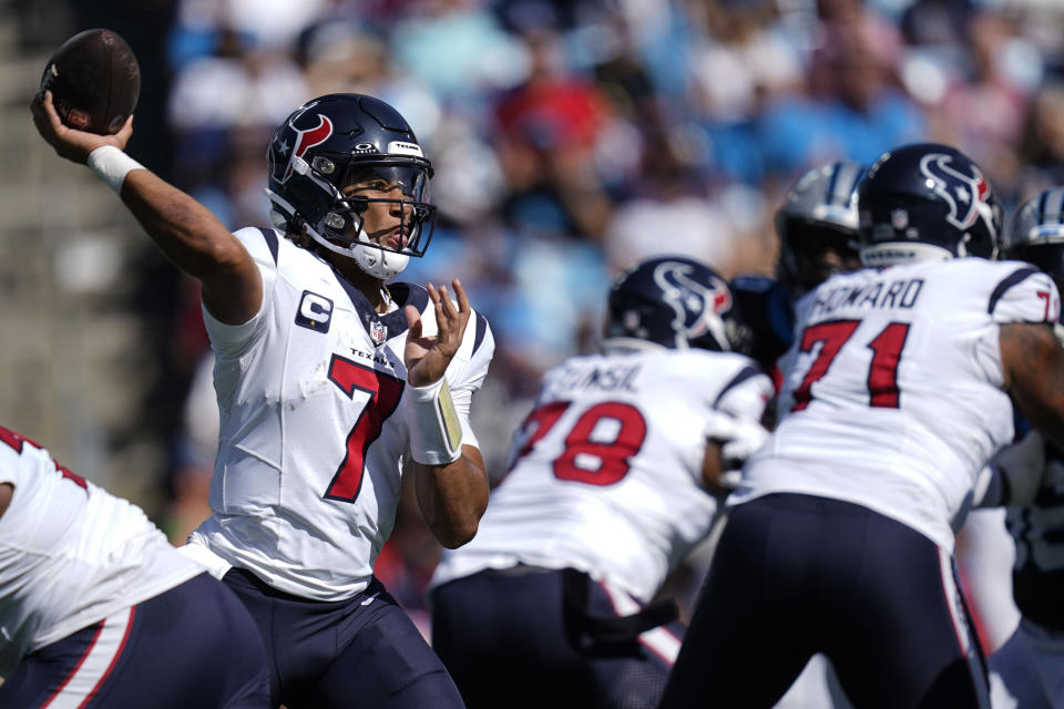 Houston Texans quarterback C.J. Stroud (7) works in the pocket against the Carolina Panthers during the first half of an NFL football game, Sunday, Oct. 29, 2023, in Charlotte, N.C. (AP Photo/Erik Verduzco)