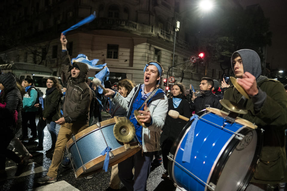 <p>Pro-life demonstrators play drums as they celebrate during a protest in Buenos Aires, Argentina, early on Thursday, Aug. 9, 2018. (Photo: Erica Canepa/Bloomberg via Getty Images) </p>