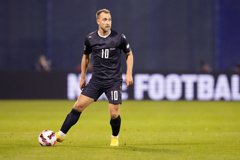 Denmark's Christian Eriksen is in action during the UEFA Nations League soccer match between Croatia and Denmark at the Maksimir stadium in Zagreb, Croatia, Thursday, Sept. 22, 2022. (AP Photo/Darko Bandic)