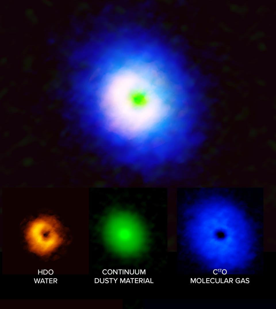 Imágenes de Alma del disco alrededor de la estrella V883 Orionis, que muestran la distribución espacial del agua (izquierda, naranja), polvo (centro, verde) y monóxido de carbono (azul, derecha)