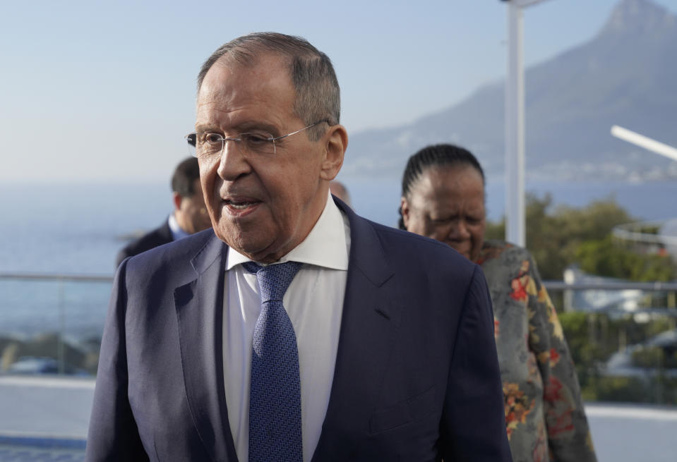 Russian Foreign Minster, Sergey Lavrov, at a meeting with his counterparts from the BRICS economic bloc of developing nations in Cape Town, South Africa Thursday, June 1, 2023. The meeting is a precursor to a larger summit of developing nations in South Africa in August that Russian President Vladimir Putin may attend while under indictment by the International Criminal Court. (AP Photo/Nardus Engelbrecht)