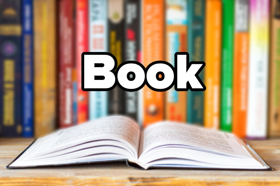 picture of an open book with the word "book"