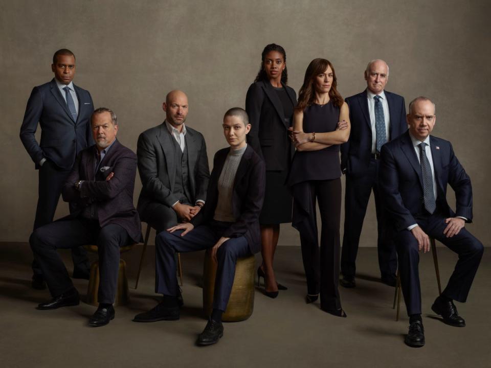 The Season 6 cast of "Billions" (from left): Daniel Breaker, David Costabile, Corey Stoll, Asia Kate Dillon, Condola Rashad, Maggie Siff, Jeffrey DeMunn and Paul Giamatti.