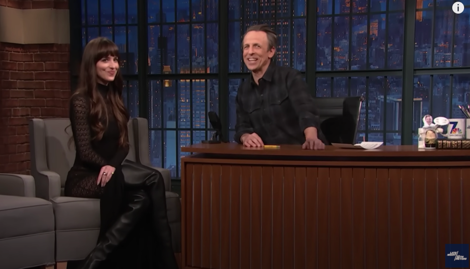 Dakota Johnson discusses her experience on The Office on Late Night with Seth Meyers (NBC)