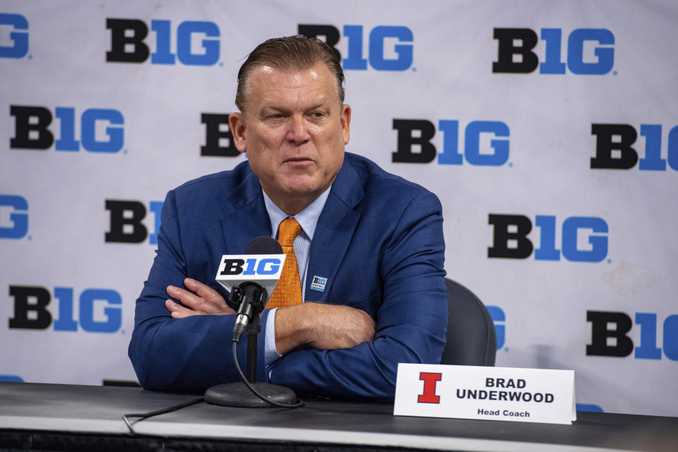 Illinois men's head coach Brad Underwood addresses the media during the first day of the Big Ten NCAA college basketball media days, Thursday, Oct. 7, 2021, in Indianapolis. (AP Photo/Doug McSchooler)