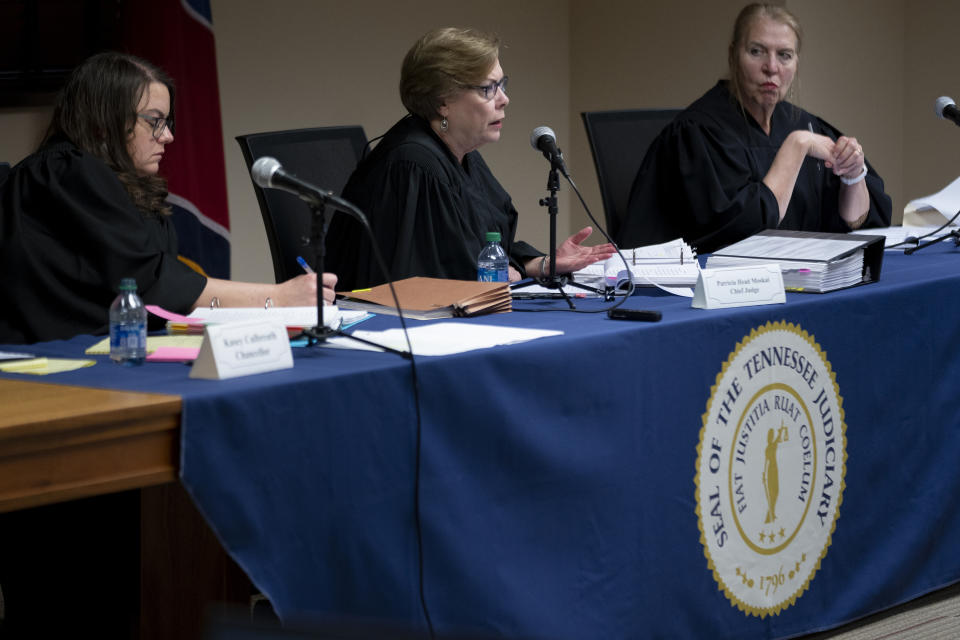 Judges Kasey Culbreath, left, Patricia Head Moskal, center, and Sandra Donaghy, right, listen to arguments in the Nicole Blackmon vs. the State of Tennessee lawsuit, Thursday, April 4, 2024, in Nashville, Tenn. The case challenges the medical necessity exception to Tennessee's total abortion ban. (AP Photo/George Walker IV)