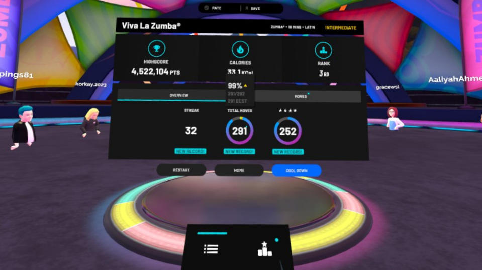 FitXR zumba score and metrics