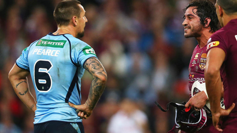 Johnathan Thurston sledged Mitchell Pearce in 2015.  (Photo by Mark Kolbe/Getty Images)