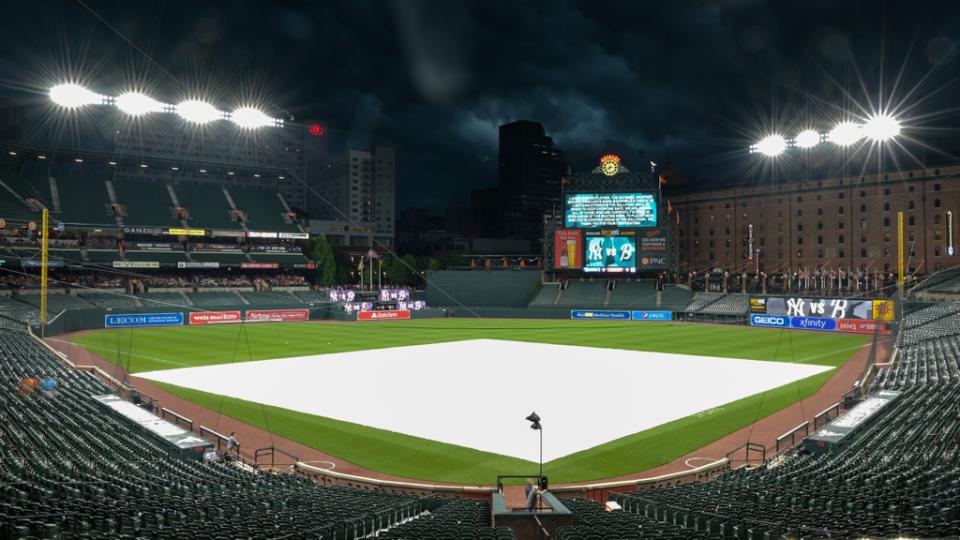 Jul 28, 2023; Baltimore, Maryland, USA; The game between the Baltimore Orioles and the New York Yankees is delayed due to inclement weather at Oriole Park at Camden Yards. Mandatory Credit: Tommy Gilligan-USA TODAY Sports