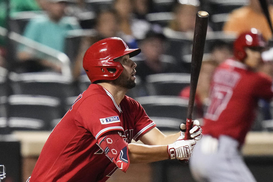 Los Angeles Angels' Nolan Schanuel watches his RBI single during the ninth inning during the ninth inning of a baseball game against the New York Mets, Friday, Aug. 25, 2023, in New York. (AP Photo/Frank Franklin II)