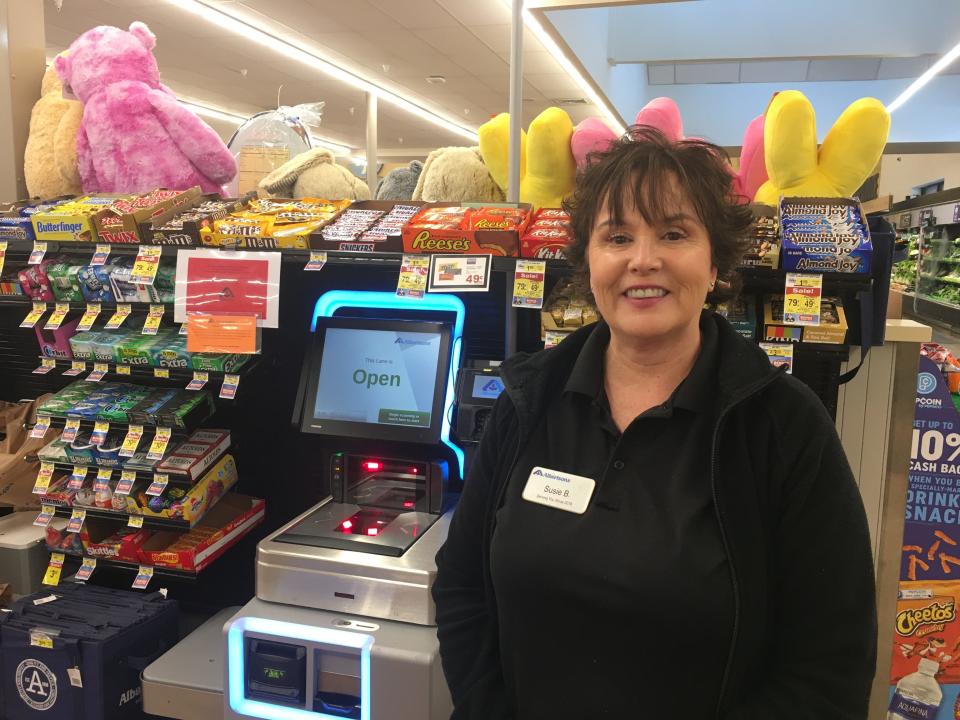 Susie Baker, a checker at the Albertsons grocery store in McCall, Idaho, said the hanging aisle signs began to swing during Tuesday's 6.5 magnitude earthquake.