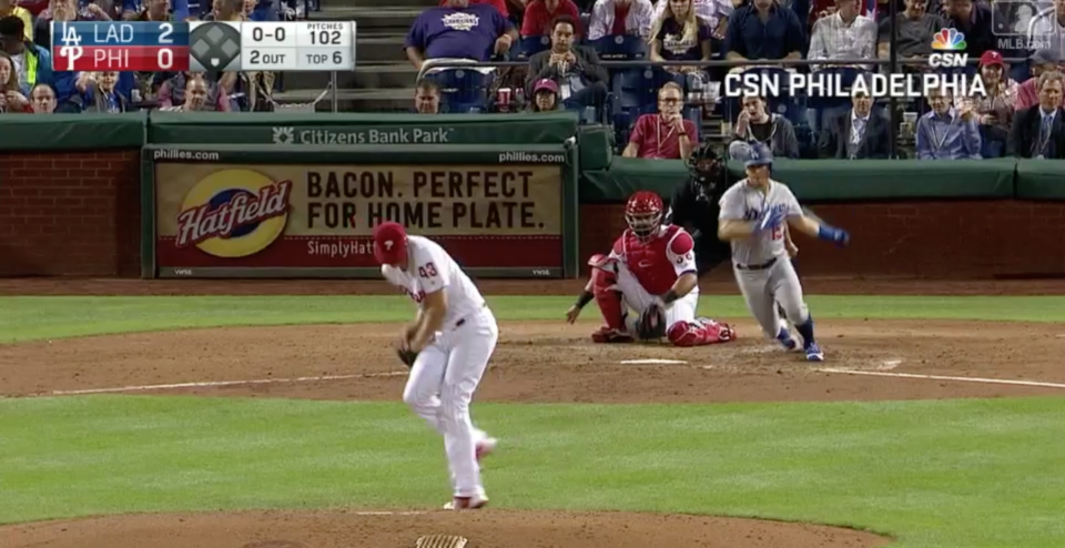 Phillies pitcher Nick Pivetta catches a comebacker with his jersey. (MLB.tv)