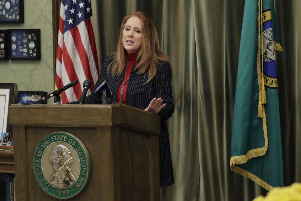 Washington Secretary of State Kim Wyman talks to reporters in her office, Wednesday, Jan. 15, 2020, at the Capitol in Olympia, Wash.