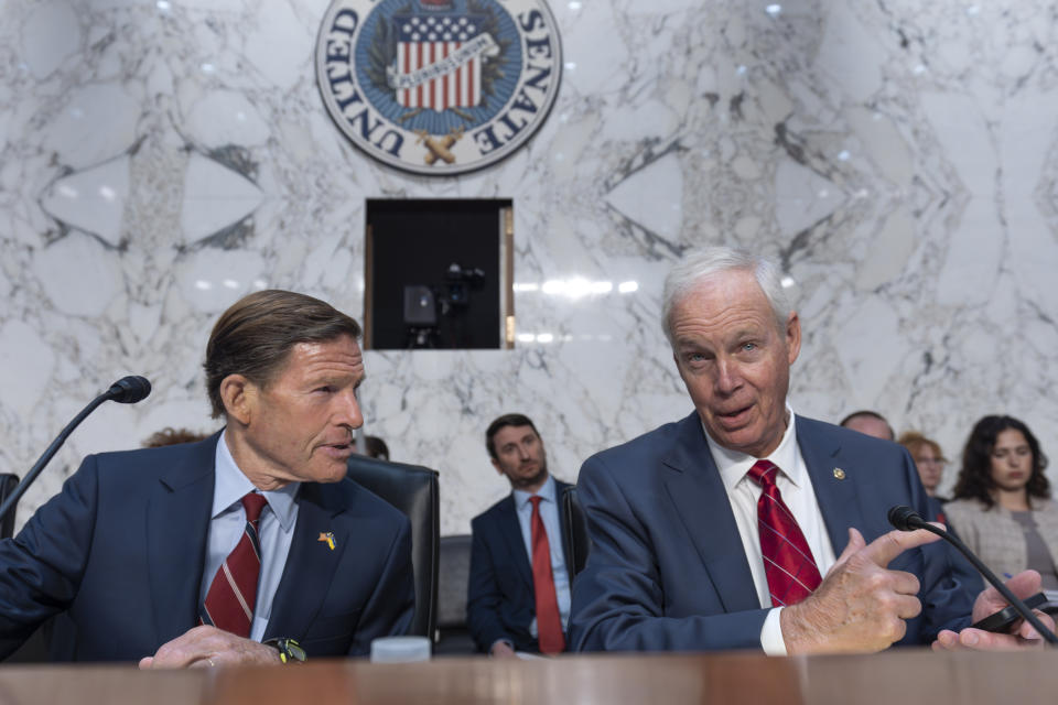 Chairman Richard Blumenthal, D-Conn., left, and Sen. Ron Johnson, R-Wis., the ranking member, of the Senate Homeland Security and Governmental Affairs Subcommittee on Investigations call on Boeing CEO Dave Calhoun to answer to lawmakers about troubles at the aircraft manufacturer since a panel blew out of a Boeing 737 Max during an Alaska Airlines flight in January, at the Capitol in Washington, Tuesday, June 18, 2024. (AP Photo/J. Scott Applewhite)
