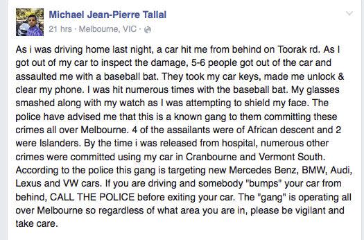 The post the Michael Tallal posted to social media. Source: Michael Tallal/Facebook.