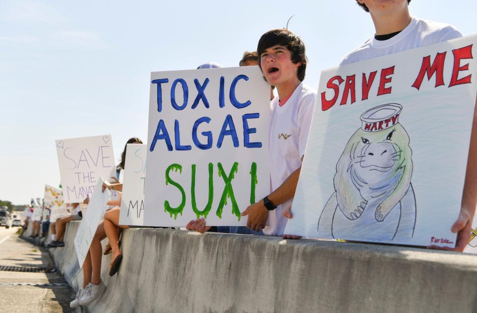 Tanner Spurlin, 16, of Hobe Sound, participates in the Rally for the Manatees on Saturday, May 1, 2021, on the Ernest Lyons Bridge in Stuart. "Even if a lot of the bad is caused by big corporations, if we all come together collectively and tell those corporations what to do they will listen because we are their business," said Spurlin. Organized by the RiverKidz, the event aimed to bring awareness to the manatee deaths in 2021 and the decline in seagrass habitat.