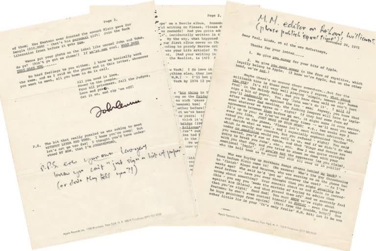 En la imagen, la carta de tres hojas con la que John Lennon le respondió a Paul McCartney. Crédito: gottahaverockandroll.com