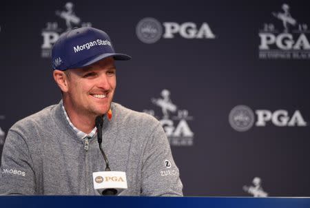 May 15, 2019; Farmingdale, NY, USA; Justin Rose addresses the media during a news conference before the PGA Championship golf tournament at Bethpage State Park - Black Course. Mandatory Credit: John David Mercer-USA TODAY Sports