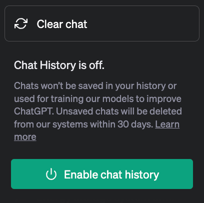 ChatGPT chat history enable button