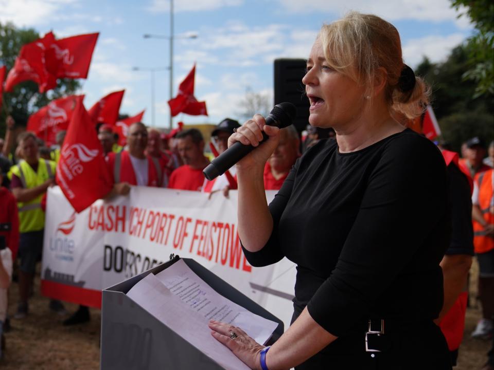 Graham speaks on a picket line at the Port of Felixstowe in August (PA)