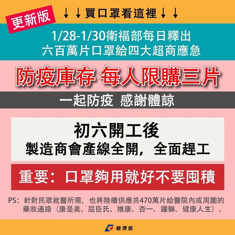 武漢肺炎延燒，副總統呼籲，春節過後，口罩恢復全線生產，絕對夠用，無須囤積。圖:取材自副總統陳建仁臉書