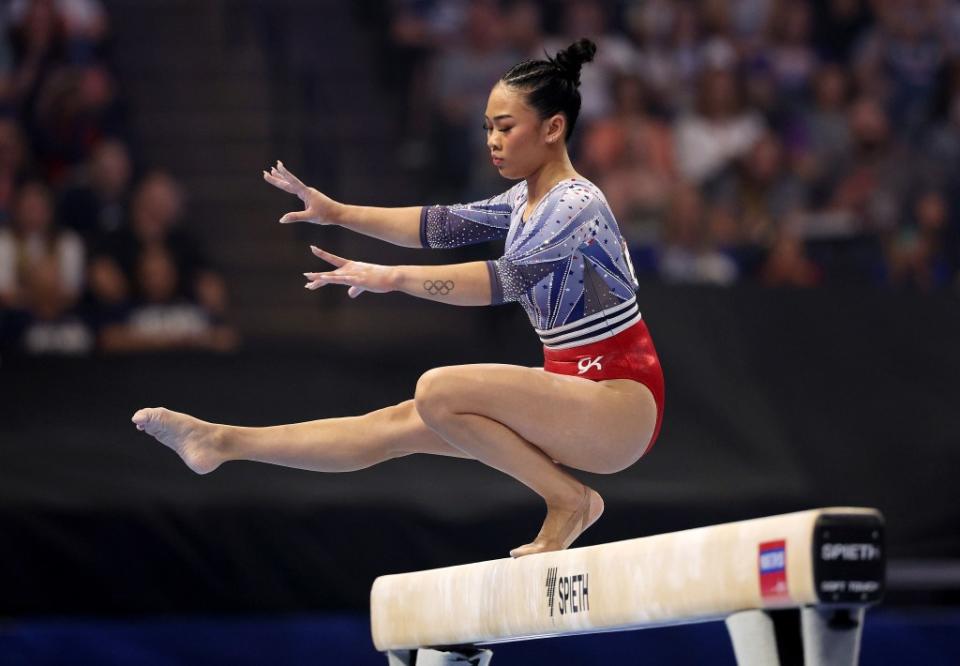 MINNEAPOLIS, MINNESOTA - JUNE 30: Suni Lee competes on the balance beam on Day Four of the 2024 U.S. Olympic Team Gymnastics Trials at Target Center on June 30, 2024 in Minneapolis, Minnesota. (Photo by Elsa/Getty Images)