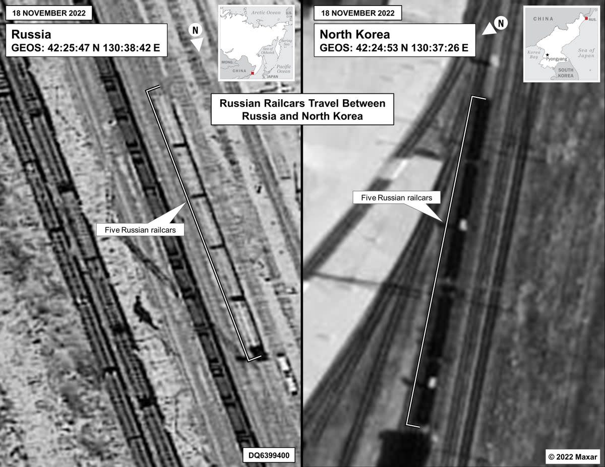 In this satellite photograph released by the National Security Council, Russian railcars are seen traveling between Russia and North Korea to receive arms bound for use by the Wagner Group in Ukraine (US government photograph)