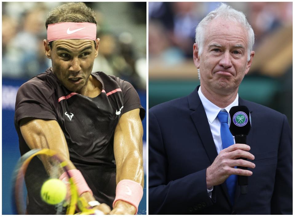 Rafael Nadal durante su debut en el US Open 2022 y el extenista estadounidense John McEnroe. (Foto: Lev Radin / Anadolu Agency / Getty Images / Rob Newell / CameraSport / Getty Images).