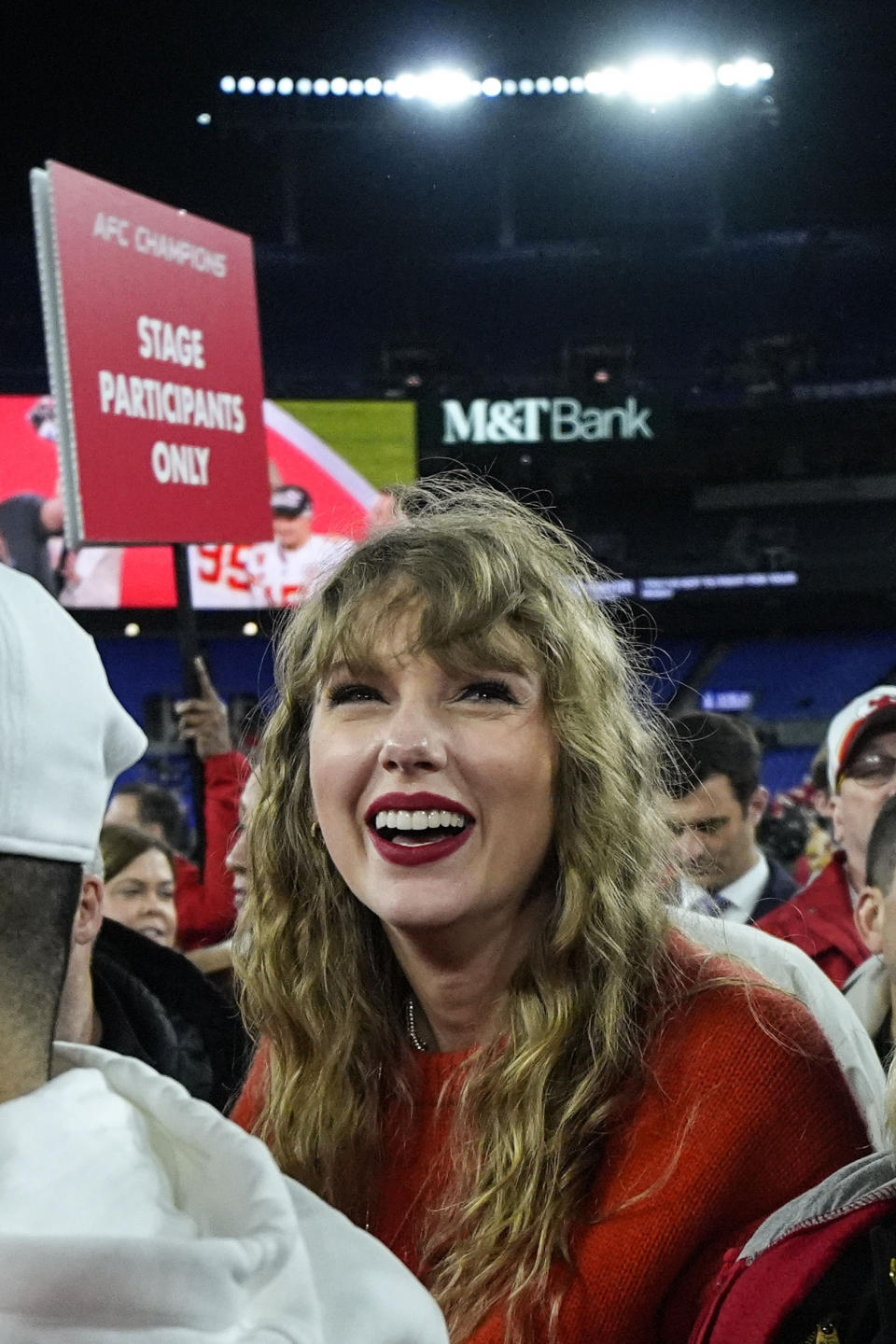 Taylor Swift watches the Kansas City Chiefs receive the Lamar Hunt trophey after an AFC Championship NFL football game between the Baltimore Ravens and the Kansas City Chiefs, Sunday, Jan. 28, 2024, in Baltimore. The Kansas City Chiefs won 17-10. (AP Photo/Julio Cortez)