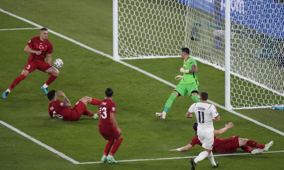 Turkey’s Merih Demiral scores an own goal against Italy