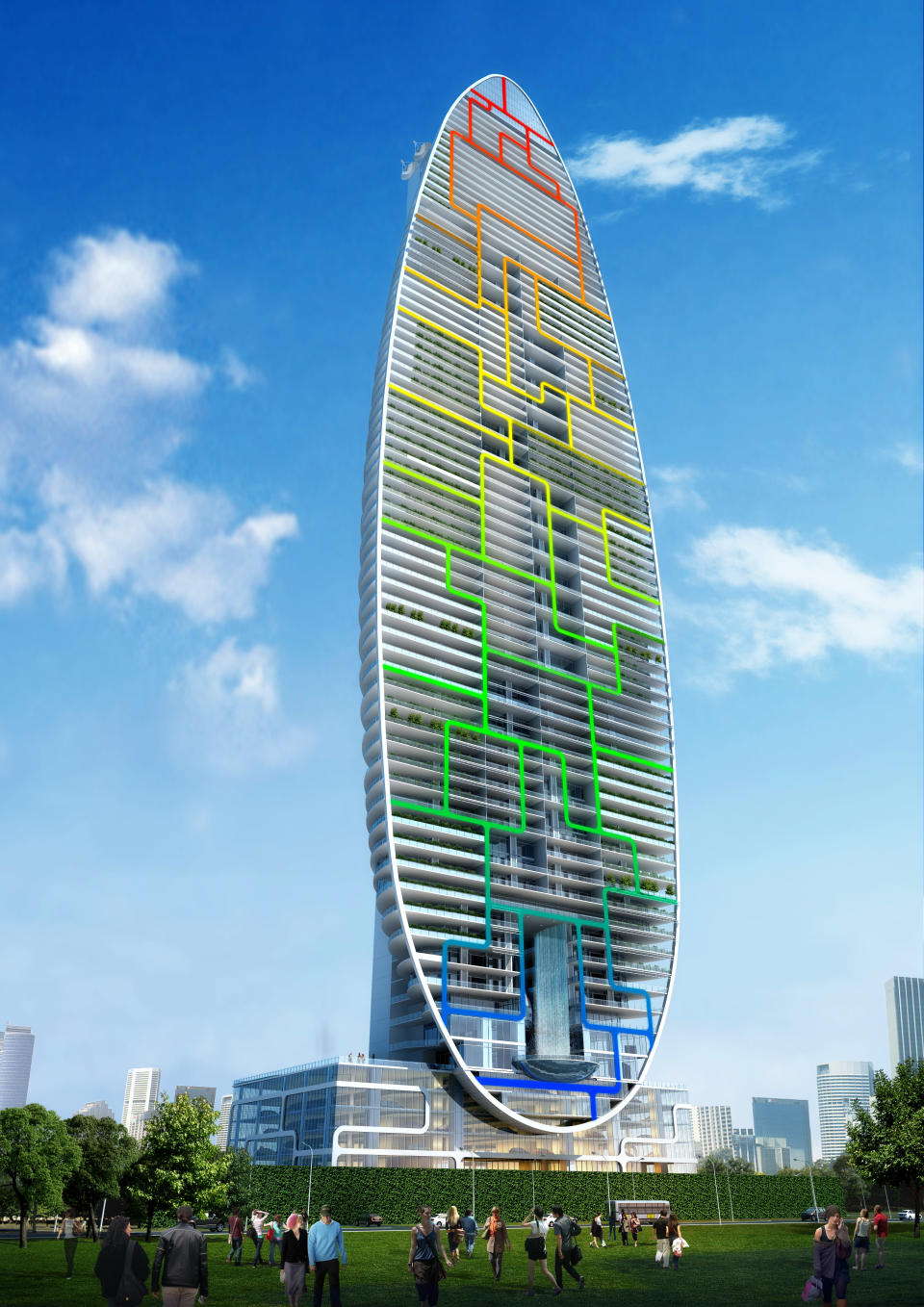 The concept of The Indra Tower, is emerged from capturing the fluid state of which a single drop of water is freely dropping into water. Located in Dadar, Mumbai, the residential tower stands 300m tall. The total built up area (BUA) is 34,000.00sqm.