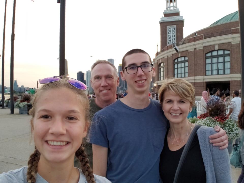 Alex Kearns (center in glasses) killed himself thinking he had suffered huge financial losses on the Robinhood website. His family filed a wrongful death suit against the company, which was settled. Also pictured are Alex's sister Sydney (front), father Dan and mom Dorothy.