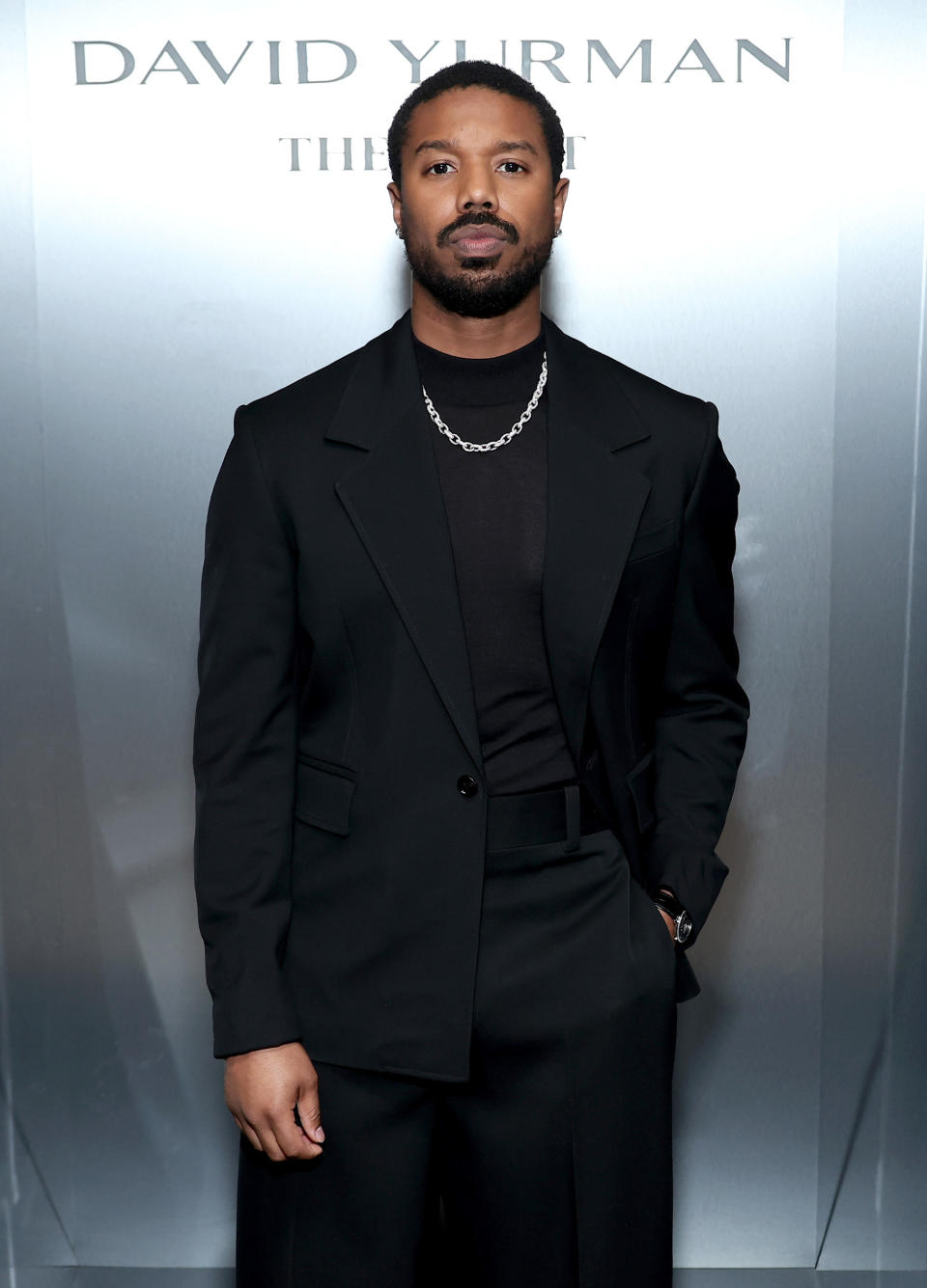 Michael B. Jordan wearing an all-black outfit on the red carpet