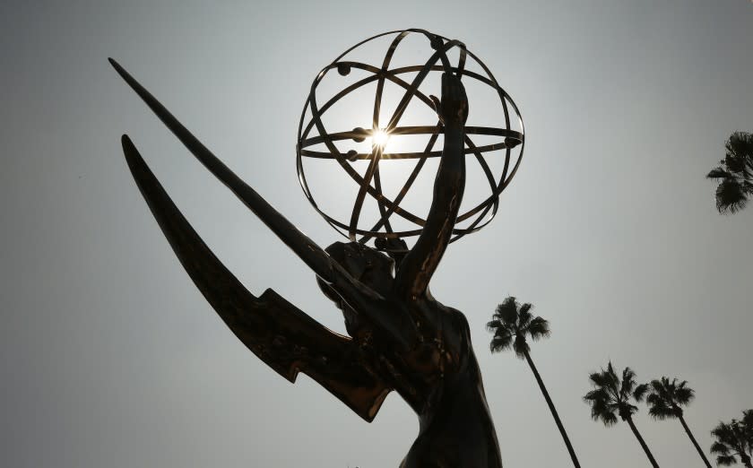 LOS ANGELES, CA - SEPTEMBER 15: The Emmy Award statue at the Academy of Television Arts & Sciences campus in Los Angeles during a "Sneak Peek" behind-the scenes reveal of television's biggest night at the Television Academy in Los Angeles on Wednesday morning. The in-person 73rd Emmy Awards will be broadcast this Sunday Sept. 19 on CBS Television. The producers explained Covid precautions that will ensure Emmy nominees can enjoy the celebrations. Television Academy on Wednesday, Sept. 15, 2021 in Los Angeles, CA. (Al Seib / Los Angeles Times).