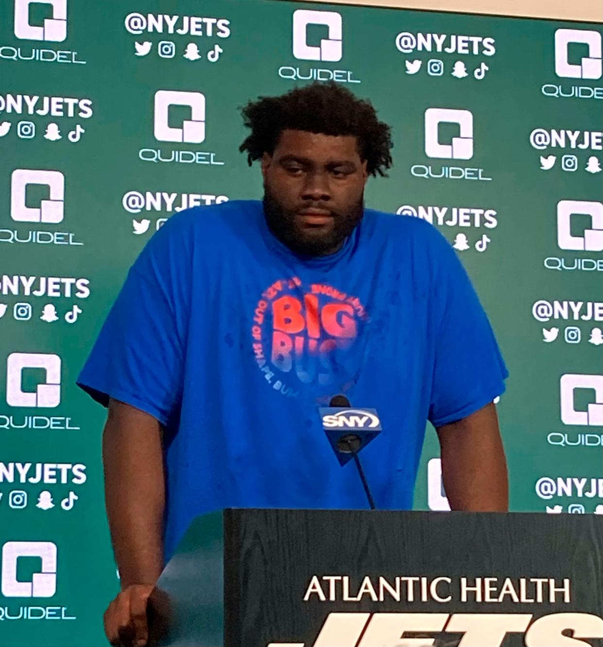 New York Jets offensive tackle Mekhi Becton speaks to reporters at the teams NFL football facility in Florham Park, N.J., Wednesday, June 15, 2022.