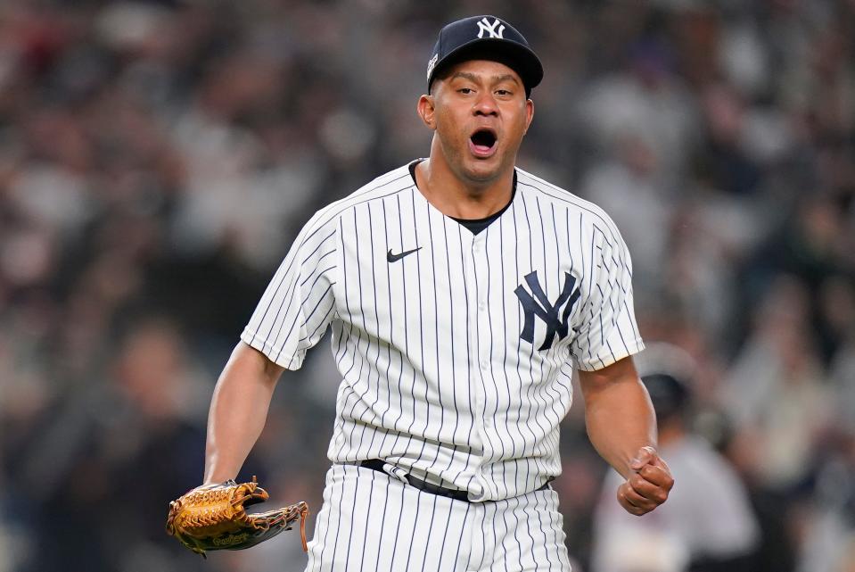 New York Yankees relief pitcher Wandy Peralta reacts after the Yankees defeated the Cleveland Guardians in Game 5 of an American League Division baseball series, Tuesday, Oct. 18, 2022, in New York. (AP Photo/Frank Franklin II)