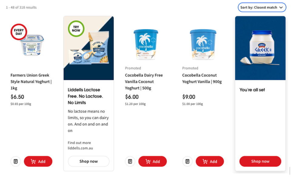 Screenshot showing prices of groceries on a Coles or Woolworths website.