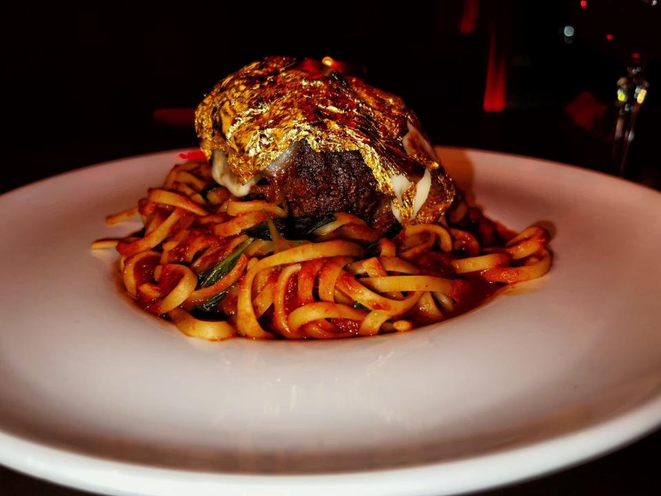Harry's Prohibition Bistro offered a meatball dish topped with an edible 24 karat gold leaf for Valentine's Day 2022.