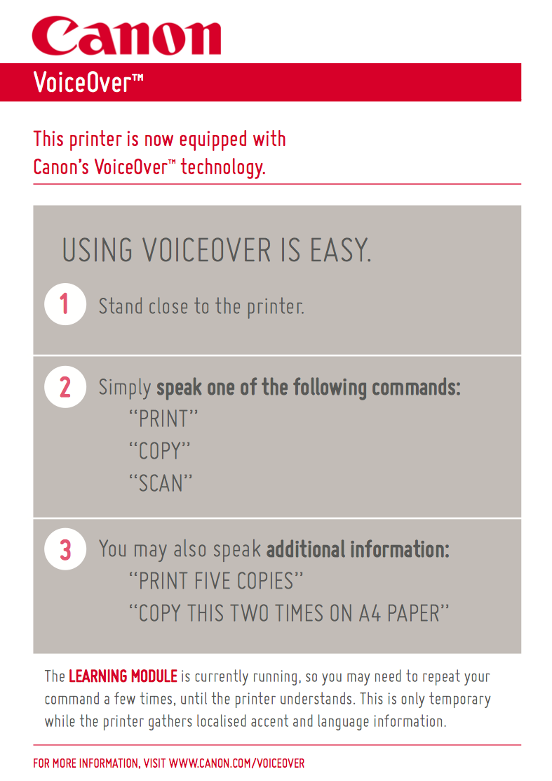 Graphic showing Canon's VoiceOver technology steps for voice commands to use a printer; summarizes three easy steps and a learning module
