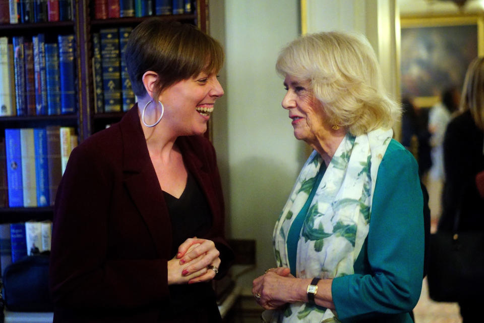 Camilla, Duchess of Cornwall talks with Jess Phillips MP during a reception at Clarence House to mark 50 years of Refuge, 2022. (Getty Images)