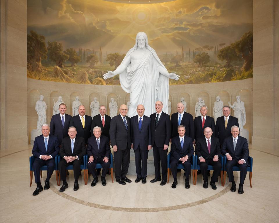 The First Presidency and Quorum of the Twelve Apostles in the Rome Italy Temple Visitors’ Center in 2019. | Intellectual Reserve, Inc