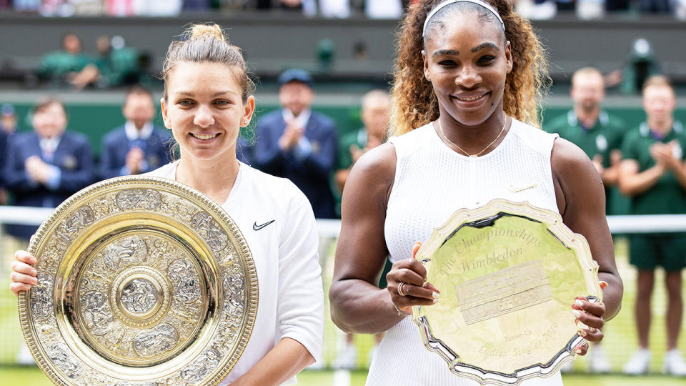 Simona Halep and Serena Williams, pictured here after the Wimbledon final in 2019.