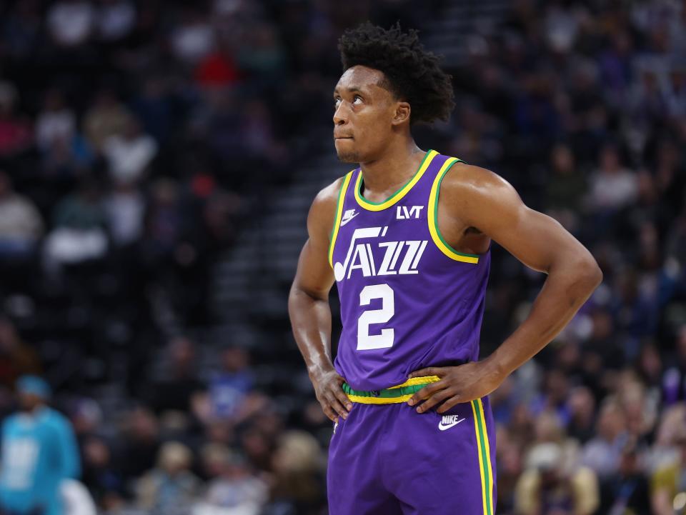 Utah Jazz guard Collin Sexton (2) watches the clock after the Jazz fell behind in Salt Lake City on Thursday, Feb. 22, 2024. The Hornets won 115-107. | Jeffrey D. Allred, Deseret News