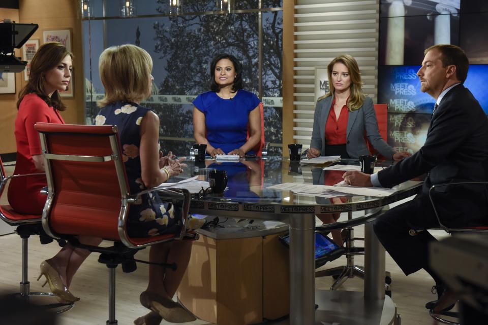 Andrea Mitchell, NBC News chief foreign affairs correspondent, Hallie Jackson, NBC News correspondent, Kristen Welker, NBC News White House correspondent, Katy Tur, NBC News foreign correspondent, and moderator Chuck Todd appear on "Meet the Press" in March 2016.